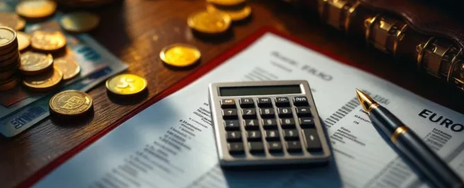 Zilveren calculator op mahoniehouten bureau met financiële documenten, eurobankbiljetten en gouden munten