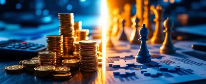 Gesplitste zakelijke compositie met financiële symbolen in blauw licht links en strategische elementen in amber licht rechts