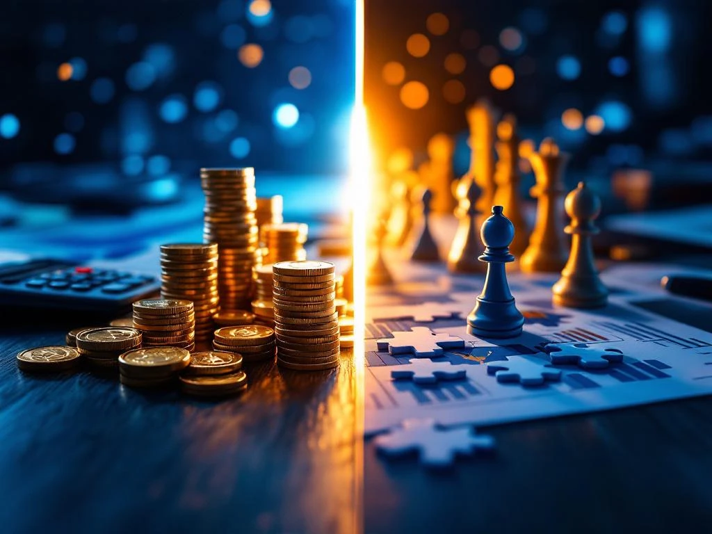 Gesplitste zakelijke compositie met financiële symbolen in blauw licht links en strategische elementen in amber licht rechts