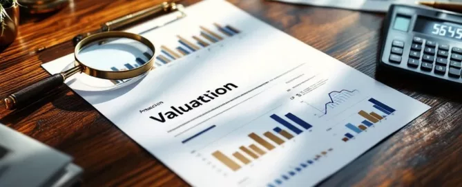 Financieel waarderingsrapport met grafieken op mahoniehouten bureau met vergrootglas, rekenmachine en pen