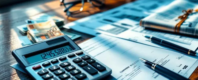 Calculator met eurobankbiljetten en zakelijke documenten op mahonie bureau met architecturale blauwdrukken op achtergrond