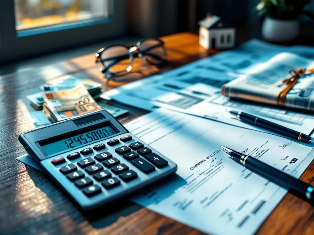 commercieel-vastgoed-financiering-calculator-euro.jpg Calculator met eurobankbiljetten en zakelijke documenten op mahonie bureau met architecturale blauwdrukken op achtergrond