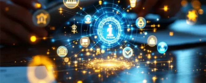 Holografische weergave van immateriële activa zoals patenten en merklogo's zwevend boven houten bureau met documenten