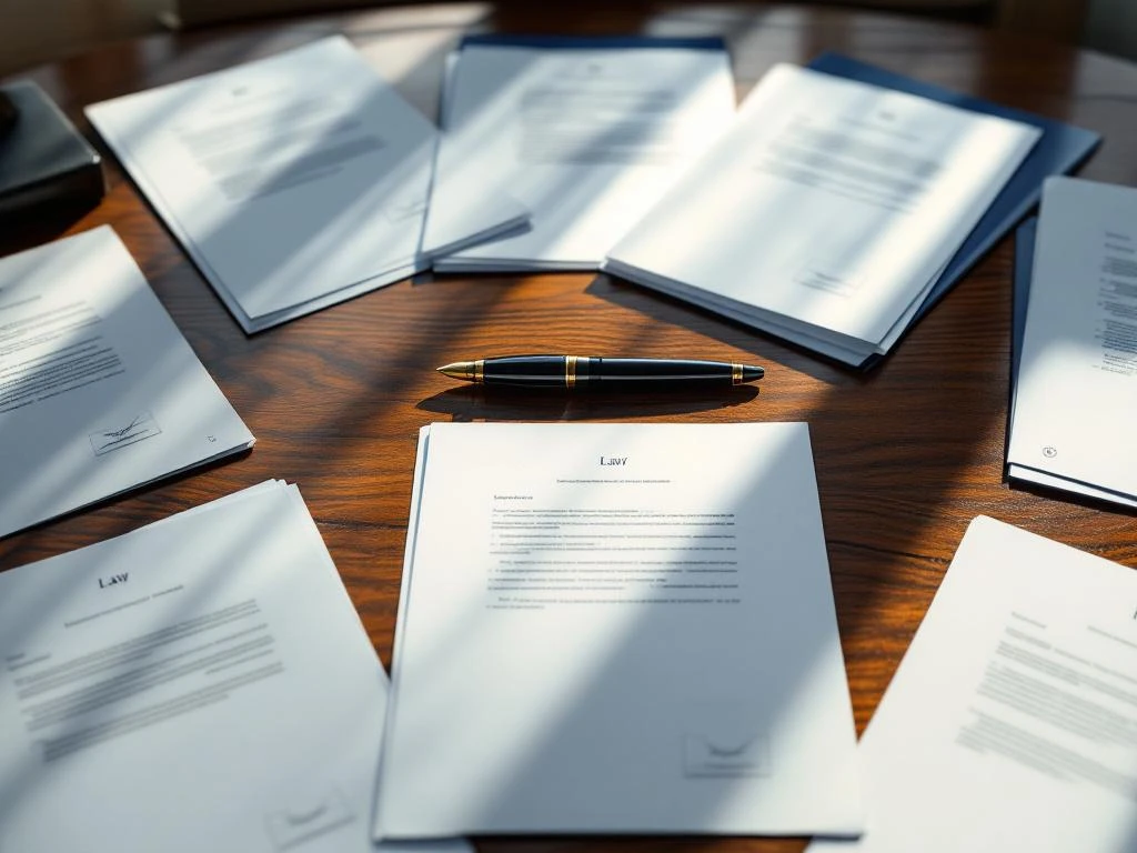 Elf juridische documenten in halve cirkel op mahonie bureau met vulpen, bovenaanzicht met natuurlijk licht