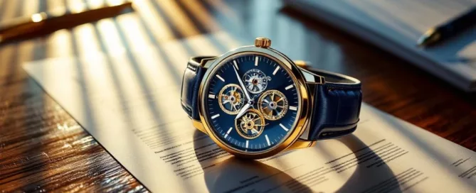 Luxe Zwitsers horloge met zichtbare tandwielen op mahonie vergadertafel met financiële documenten en gouden zonlicht