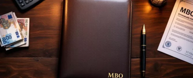 MBO-portfolio met eurobanknoten, calculator en Nederlandse leningdocumenten op mahoniehouten bureau vanuit vogelperspectief