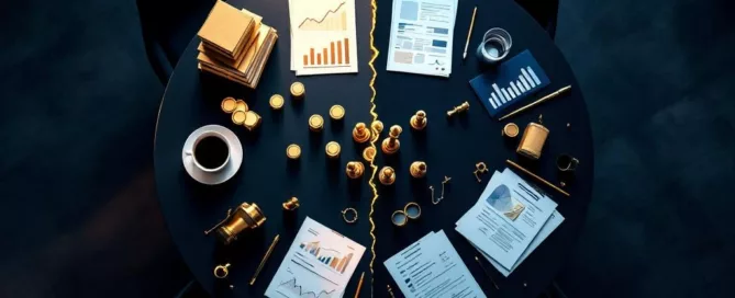 Onderhandelingstafel met gouden schaakstukken en documenten toont machtsverschil in zakelijke acquisities