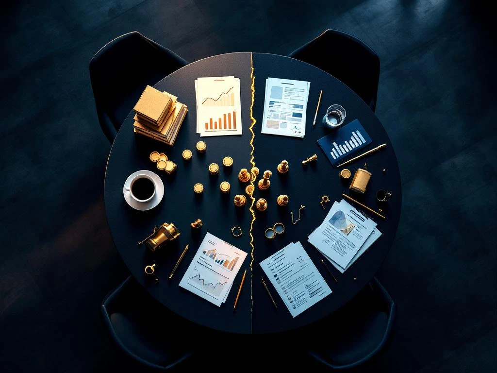 Onderhandelingstafel met gouden schaakstukken en documenten toont machtsverschil in zakelijke acquisities
