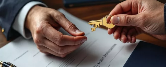 Twee handen wisselen gouden huissleutel uit boven getekende documenten op houten bureau