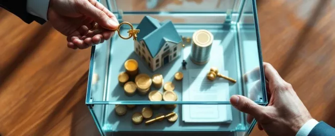 Glazen kluis met miniatuurgebouw en munten tussen zakelijke handen met gouden sleutel en documenten op bureau