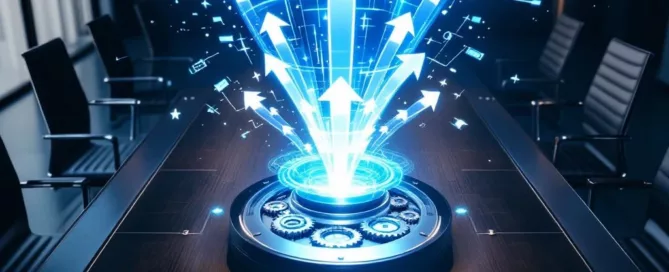 Moderne bestuurskamer met digitale verkooptrechter hologram en efficiëntiemechanismen bovenaanzicht
