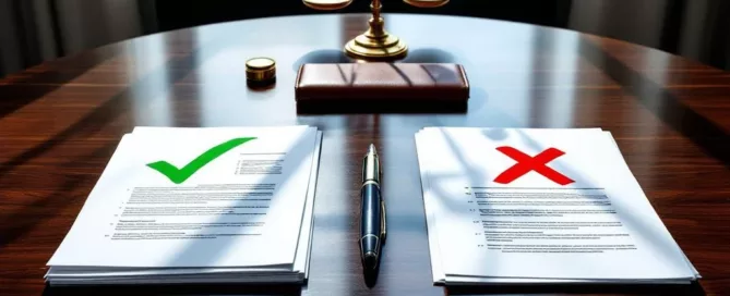 Mahonie bestuurstafel met contracten gemarkeerd met groen vinkje en rood kruis, vulpen en weegschaal op achtergrond