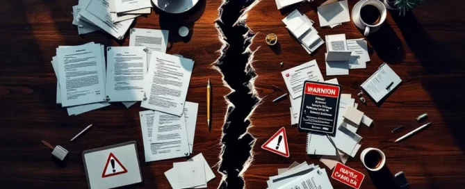 Gebarsten mahonieholten bestuurstafel met georganiseerde contracten aan één kant en chaotische verspreide documenten aan de andere kant