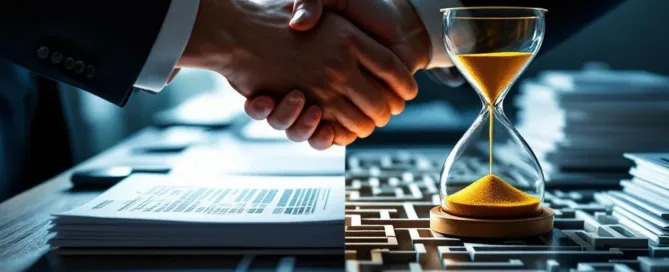 Zakelijk contrast: snelle handdruk op modern bureau tegenover zandloper met documenten en doolhof structuur