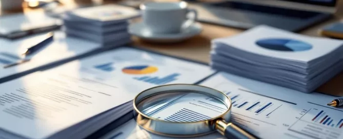 Bovenaanzicht van modern bureau met vergrootglas over financiële documenten, laptop met grafieken en georganiseerde papierwerk
