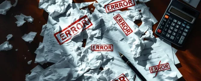 Rommelige bestuurskamertafel met verfrommelde documenten, rode waarschuwingsstempels en kapotte pen bij rekenmachine met foutmelding
