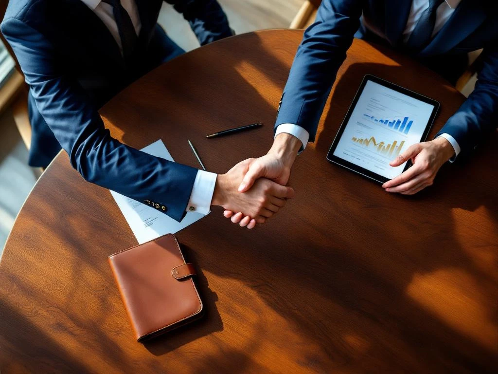 Twee zakenmensen in marineblauw schudden handen boven conferentietafel met documenten en tablet met groeicijfers