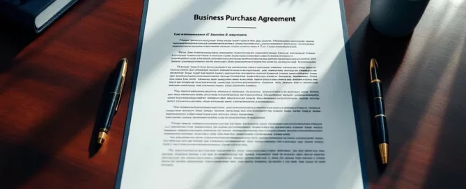 Zakelijk koopcontract op mahoniehouten bureau met vulpen, bril en leren map in professionele setting