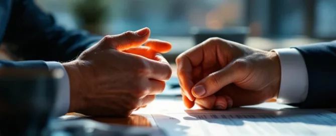 Twee handen tijdens zakelijke onderhandeling aan bureau, één trillend van spanning, één kalm, met stressverlichting objecten