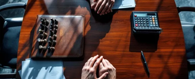 Bovenaanzicht van mahonie vergadertafel met schaakstukken tegenover financiële documenten en calculator bij onderhandeling