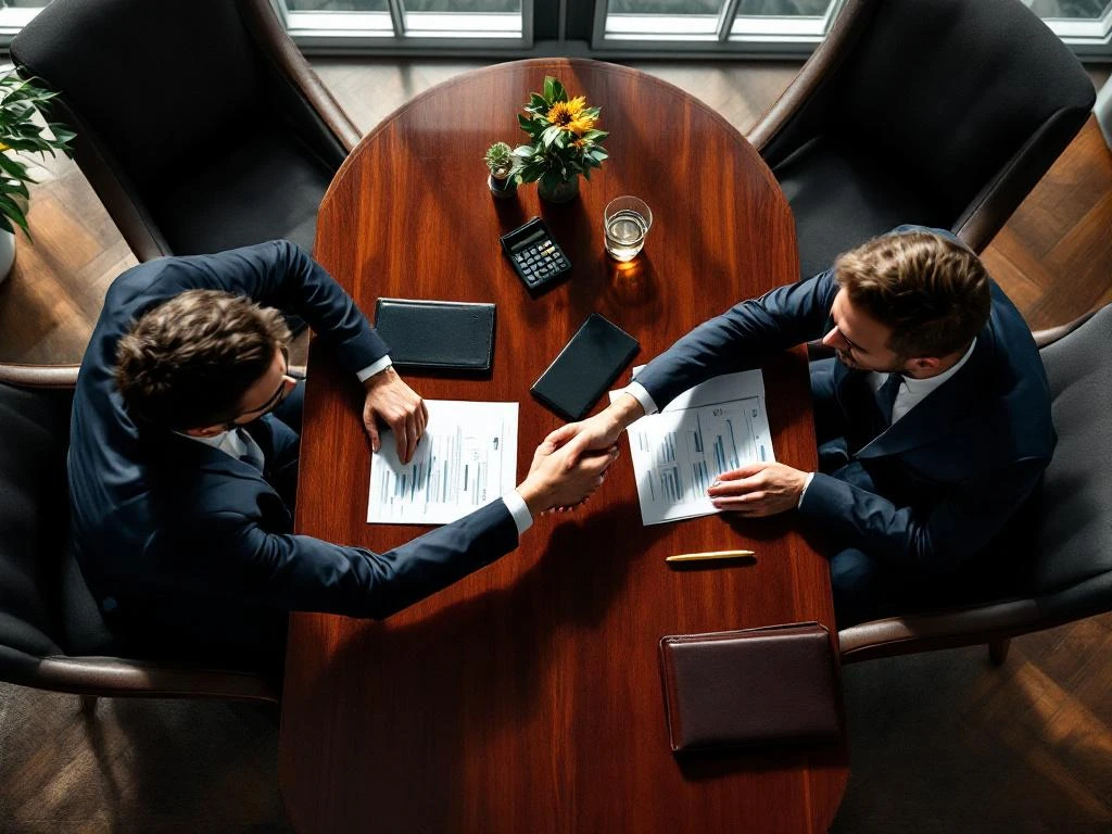 Twee zakenmensen in pak overleggen aan vergadertafel over financiële documenten, bovenaanzicht