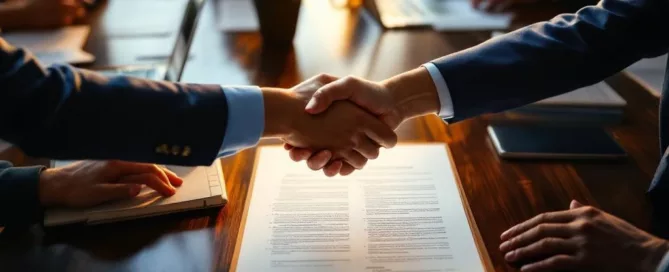 Zakelijke handdruk boven documenten tijdens overgangsmeeting met diverse teamleden aan bestuurskamertafel