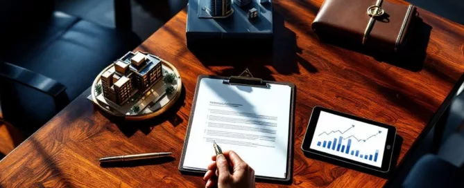 Mahonie vergadertafel met zakelijke objecten: contract, grafieken, gebouwmodel, tablet en handdruksculptuur