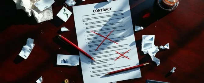 Mahonie vergadertafel met doorgestreept contract, omgevallen zandloper en waarschuwingssymbolen voor zakelijke fouten