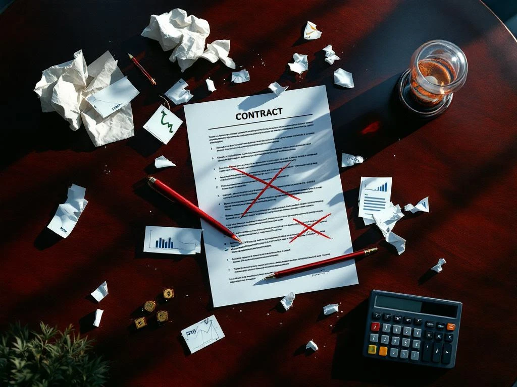 Mahonie vergadertafel met doorgestreept contract, omgevallen zandloper en waarschuwingssymbolen voor zakelijke fouten