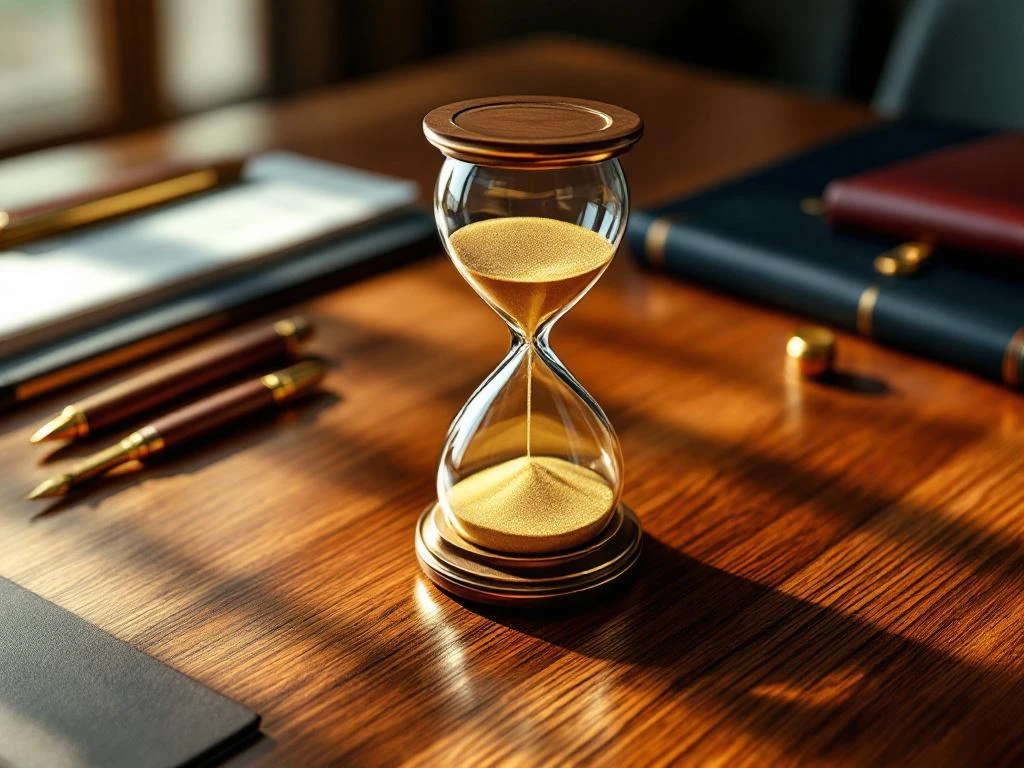 Zandloper op mahonie bureau met zakelijke documenten, vulpen en leren mappen in warm natuurlijk licht
