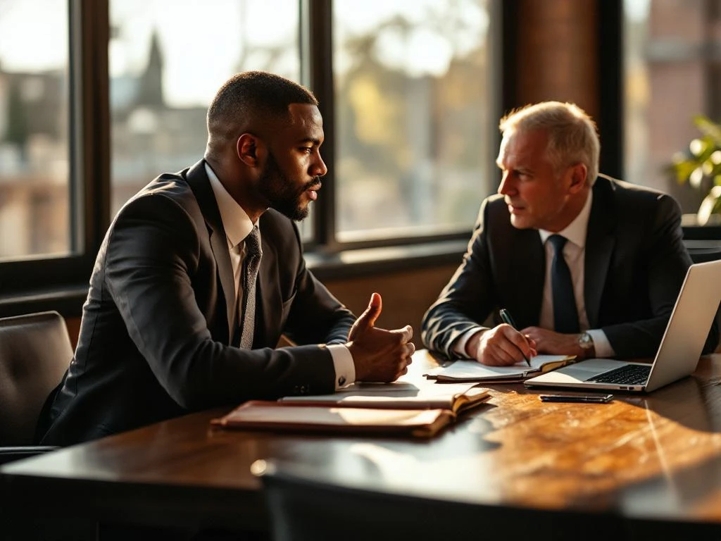 Zakenprofessional in gesprek met mentor aan conferentietafel, beide geconcentreerd leunend voorover in kantoor