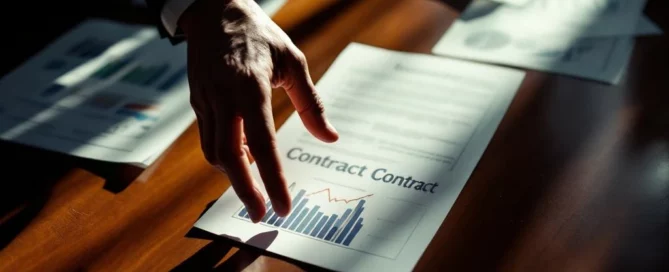 Zakenman reikt naar wegglijdend contract op conferentietafel met verspreide documenten met dalende grafieken