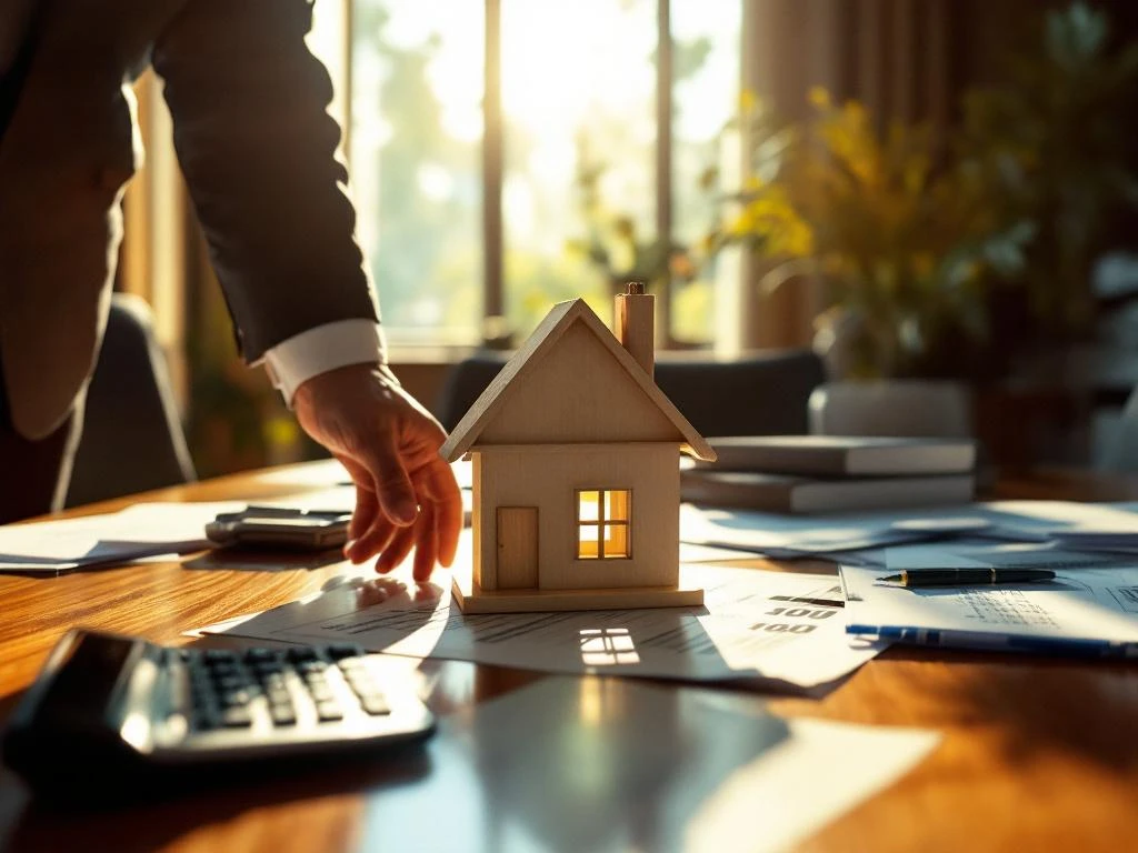 Zakenman plaatst houten huismodel op vergadertafel met vastgoedcontracten en calculator in kantoor met zonlicht