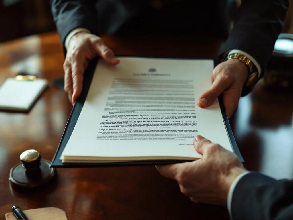 Zakenman overhandigt juridisch contract aan andere persoon over vergadertafel met pen en stempel zichtbaar