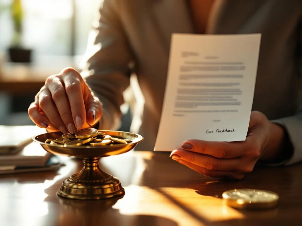 Zakenvrouw plaatst gouden munten op weegschaal tegenover klantenfeedbackbrief op kantoorbureau