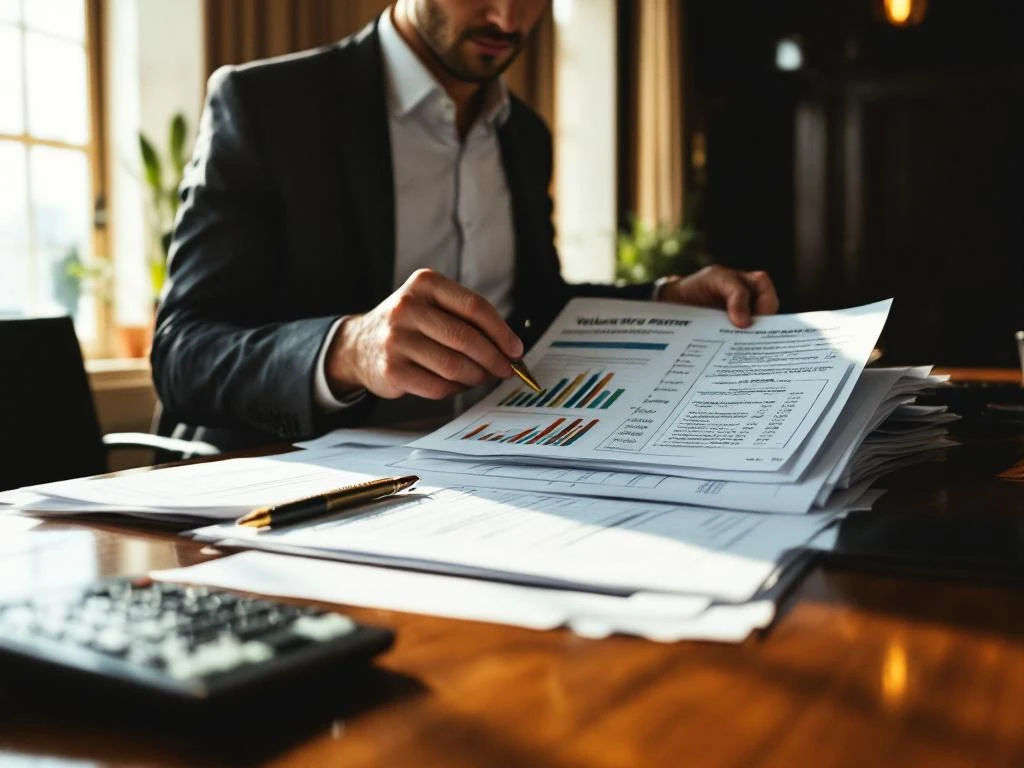 Zakenman in pak bestudeert financiële documenten en waarderingsrapporten aan conferentietafel met rekenmachine