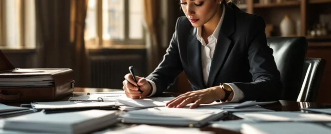 Zakenvrouw onderzoekt financiële documenten met vergrootglas aan conferentietafel in kantoor
