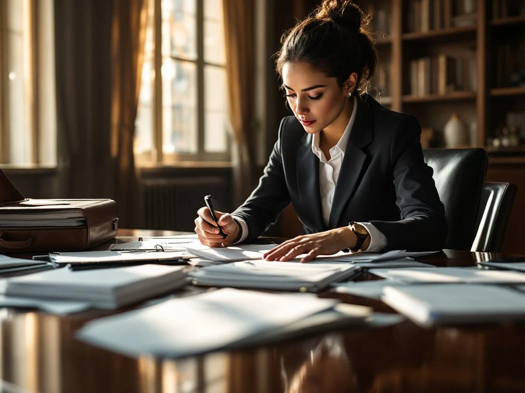 Zakenvrouw onderzoekt financiële documenten met vergrootglas aan conferentietafel in kantoor