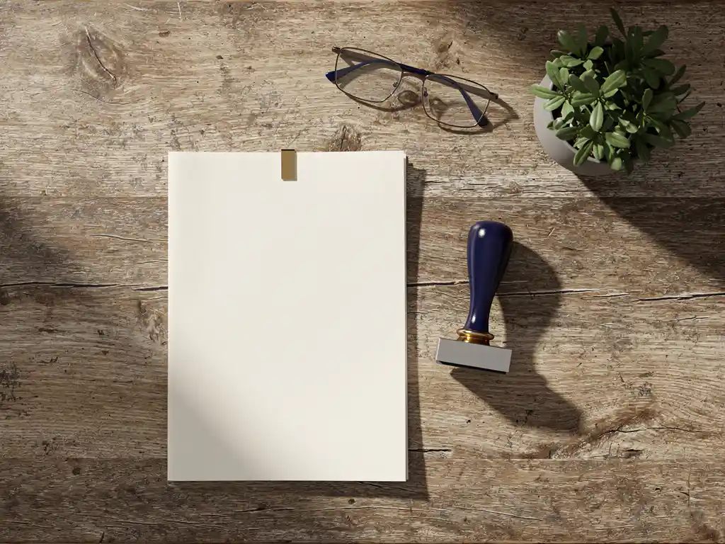 Verweerd eiken bureau met gevouwen zakelijk document, geometrisch zegel, leesbril en klein groen plantje in warm ivoor en marineblauw.