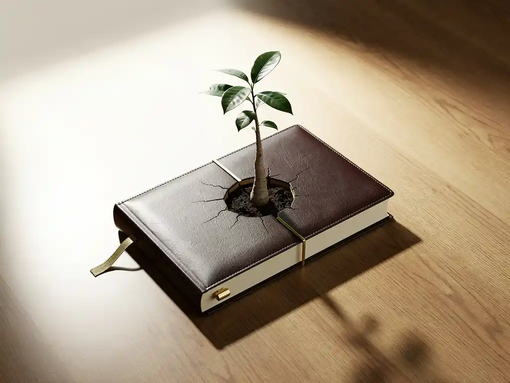 Jonge boom groeit uit een opengebarsten leren kasboek op een eikenhouten bureau, symbool voor financiële groei.