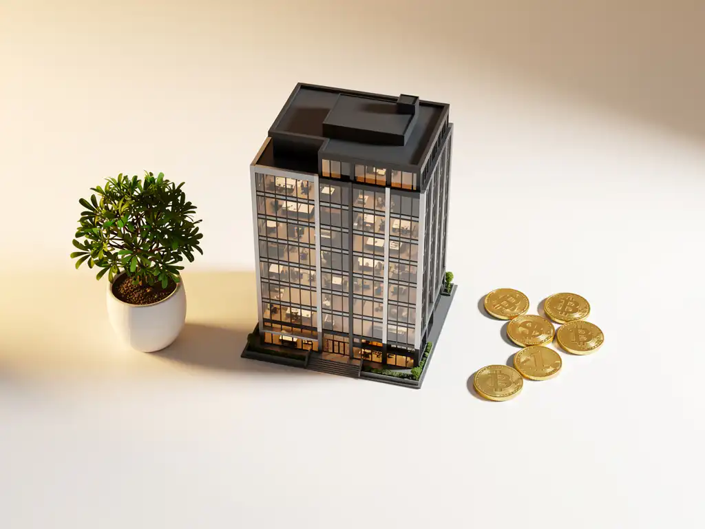 Schaalmodel van modern kantoorgebouw omringd door gouden munten en groene plant op witte ondergrond, symboliseert vastgoedwaarde.
