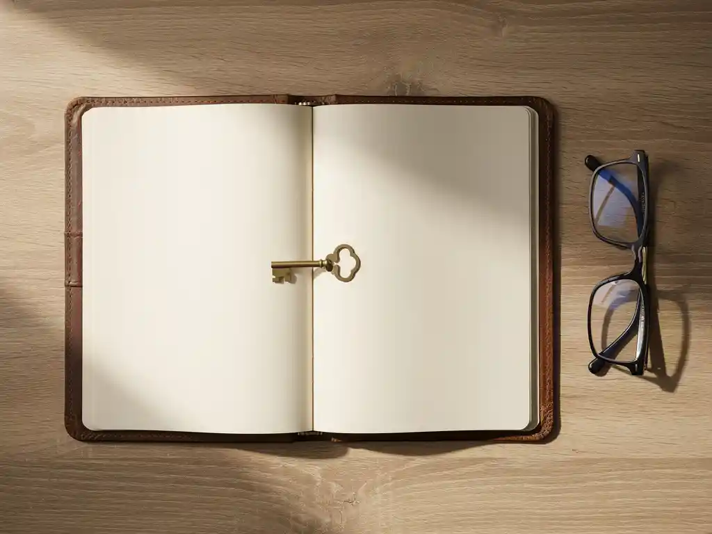 Versleten leren handboek opengeslagen op een eikenhouten bureau, met een kleine sleutel en gevouwen leesbril ernaast, warm licht van links.