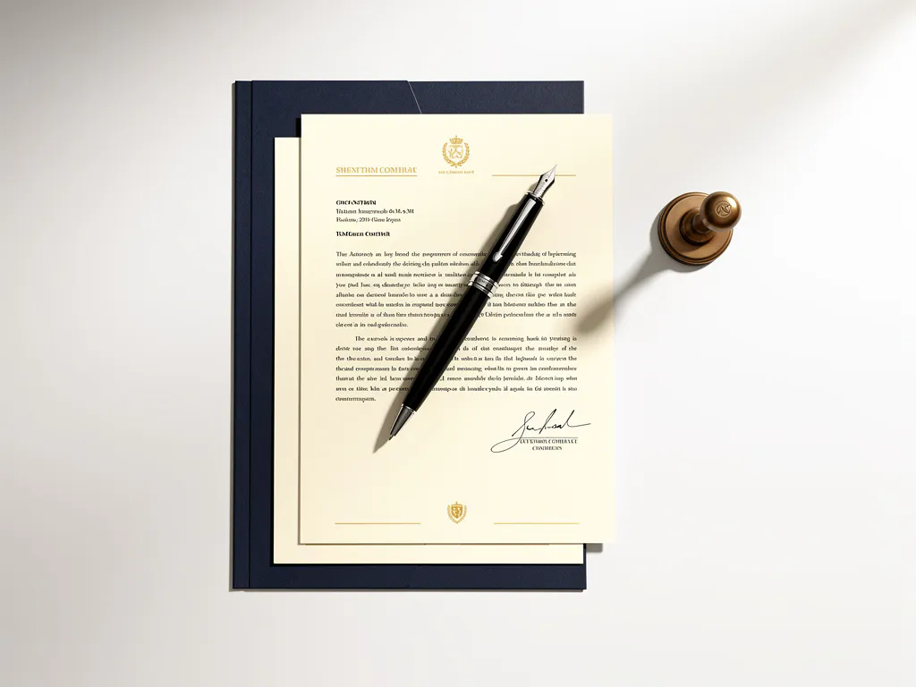 zakelijk-contract-ondertekening-pen-bureau.jpg Ondertekend zakelijk contract met vulpen en messing zegel op wit bureau, strak bovenaanzicht in ivoor- en marineblauw tinten.